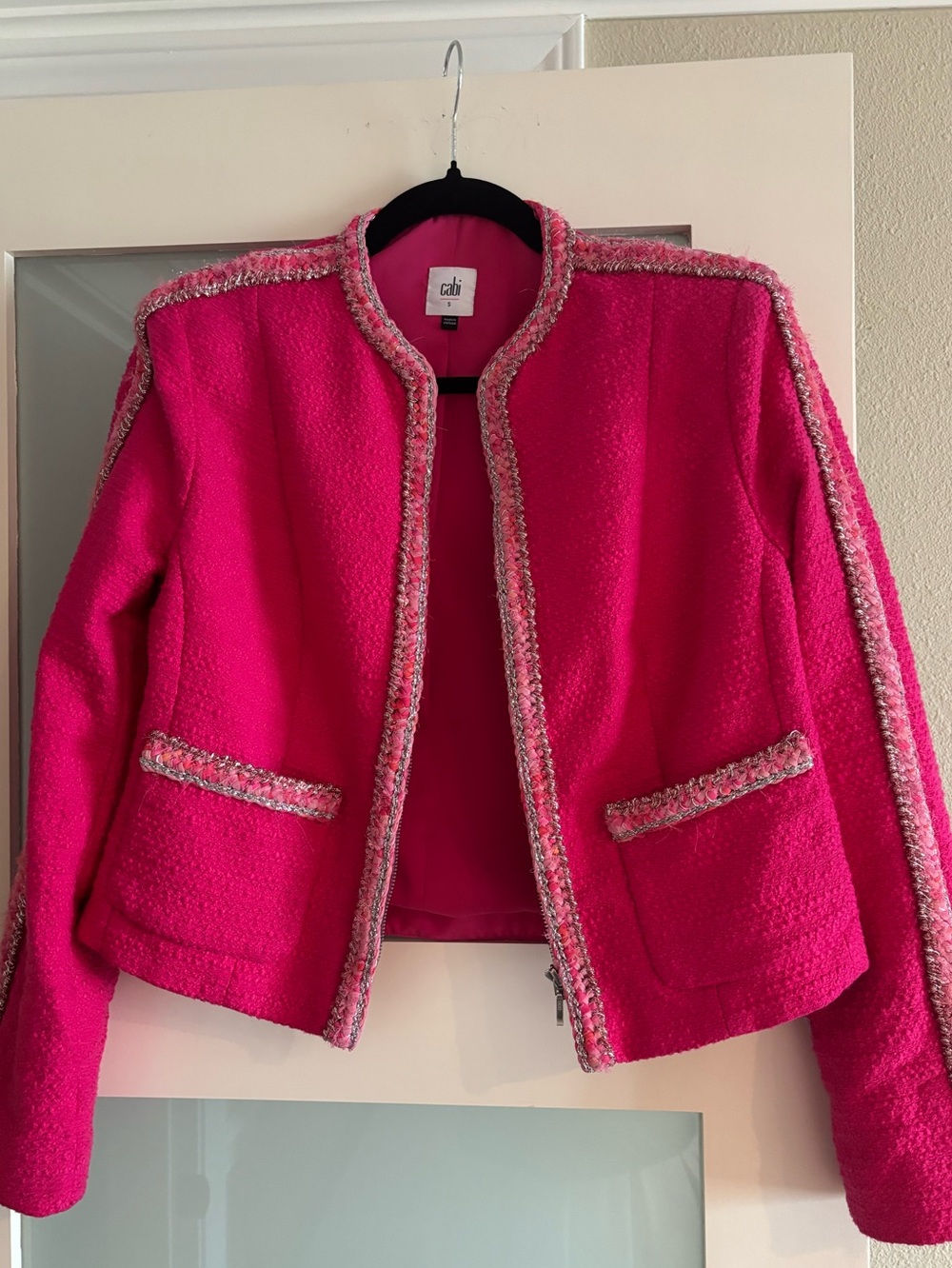 CAbi Ballroom Pink Collarless lined Tweed Jacket S #6466